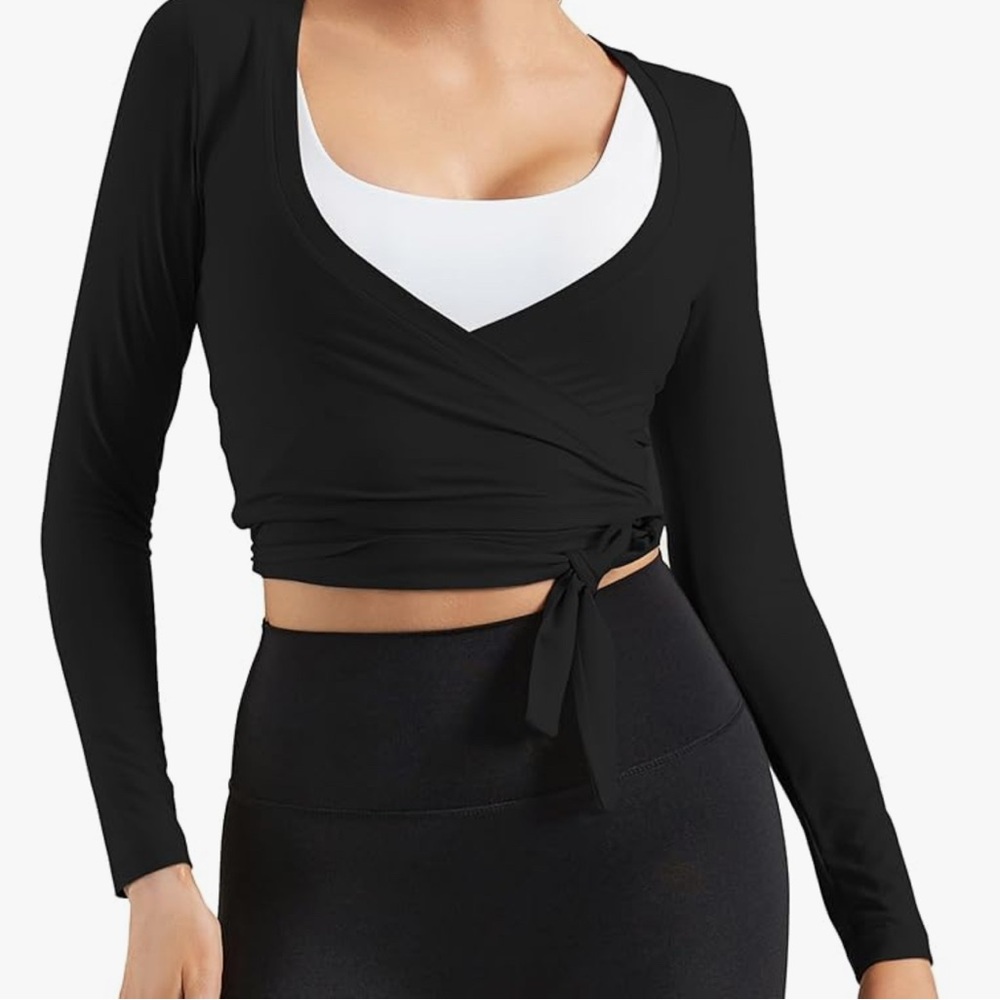 Women’s Black Wrap Crop Top with Tie Detail